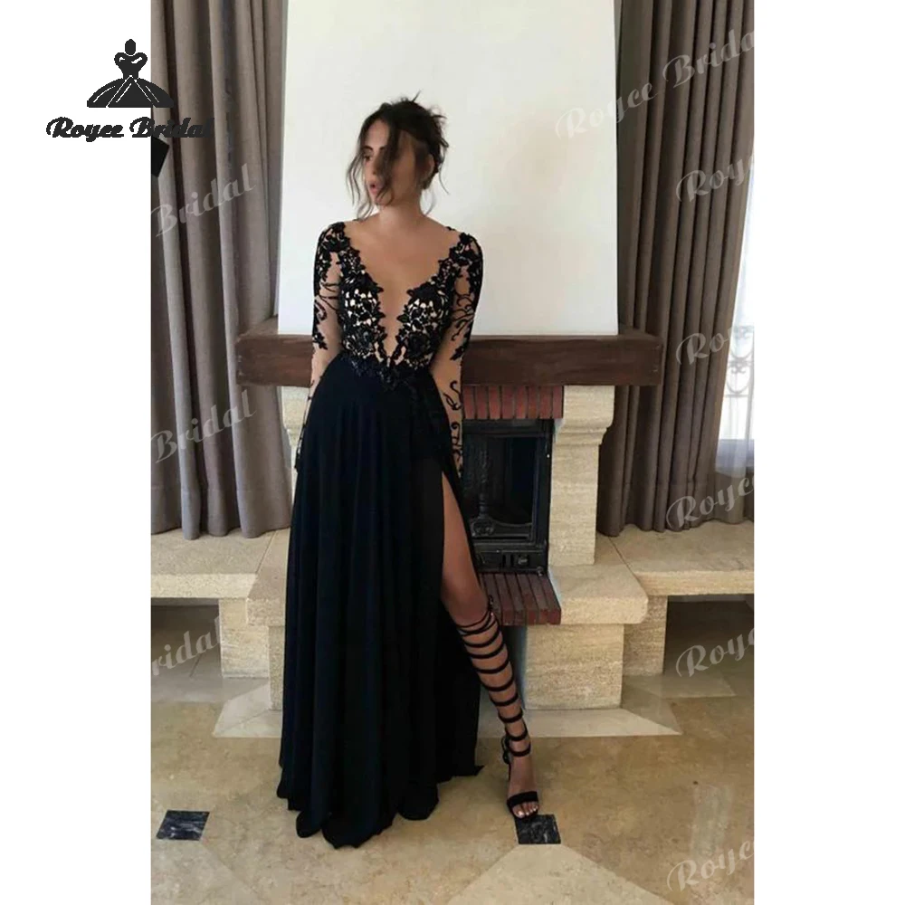 

Sexy V Neck A Line Dresses Evening 2026 Beaded Front Fork Lace Appliques Prom Gown Customized فساتين السهرة