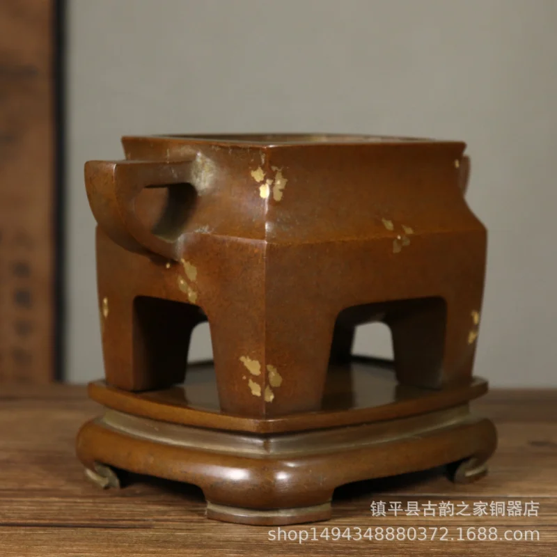 Pure Gold-Plated Plate Ear Pressure Sutra Furnace Brass Four-Legged Incense Burner Ornament Copper Tripod Office Living R