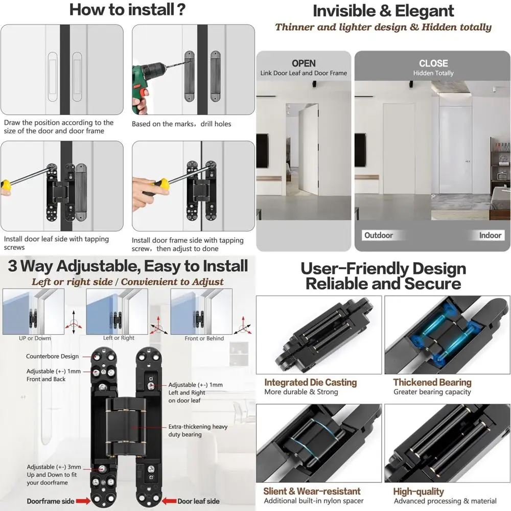 

7-дюймовые скрытые дверные петли из нержавеющей стали - поворот на 180 градусов, 3-сторонняя регулировка, усиленные, для секретных дверей (выдерживают до 170 фунтов)