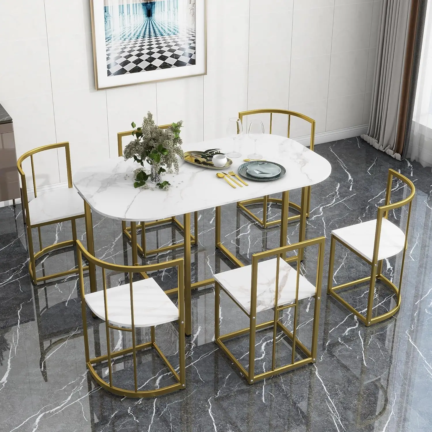 Merax Metal 7 Piece Kitchen Dining Table Set for 6 Faux Marble Dining Table Set Modern Industrial Dining Room Table Set