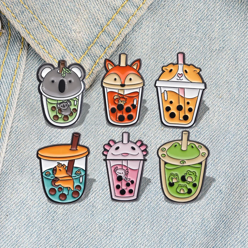 Cute Animal Milk Tea Enamel Pins Custom Salamander Capybara Frog Fox Brooches Lapel Badges Animal Jewelry Gift for Kids Friends