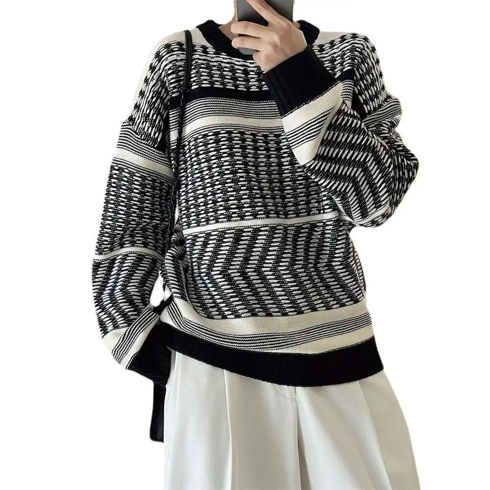 UMI MAO Stripe Sweater Spring New Korean Retro Middle Silhouette Loose Lazy Comfortable Color Contrast Knitted Top Women