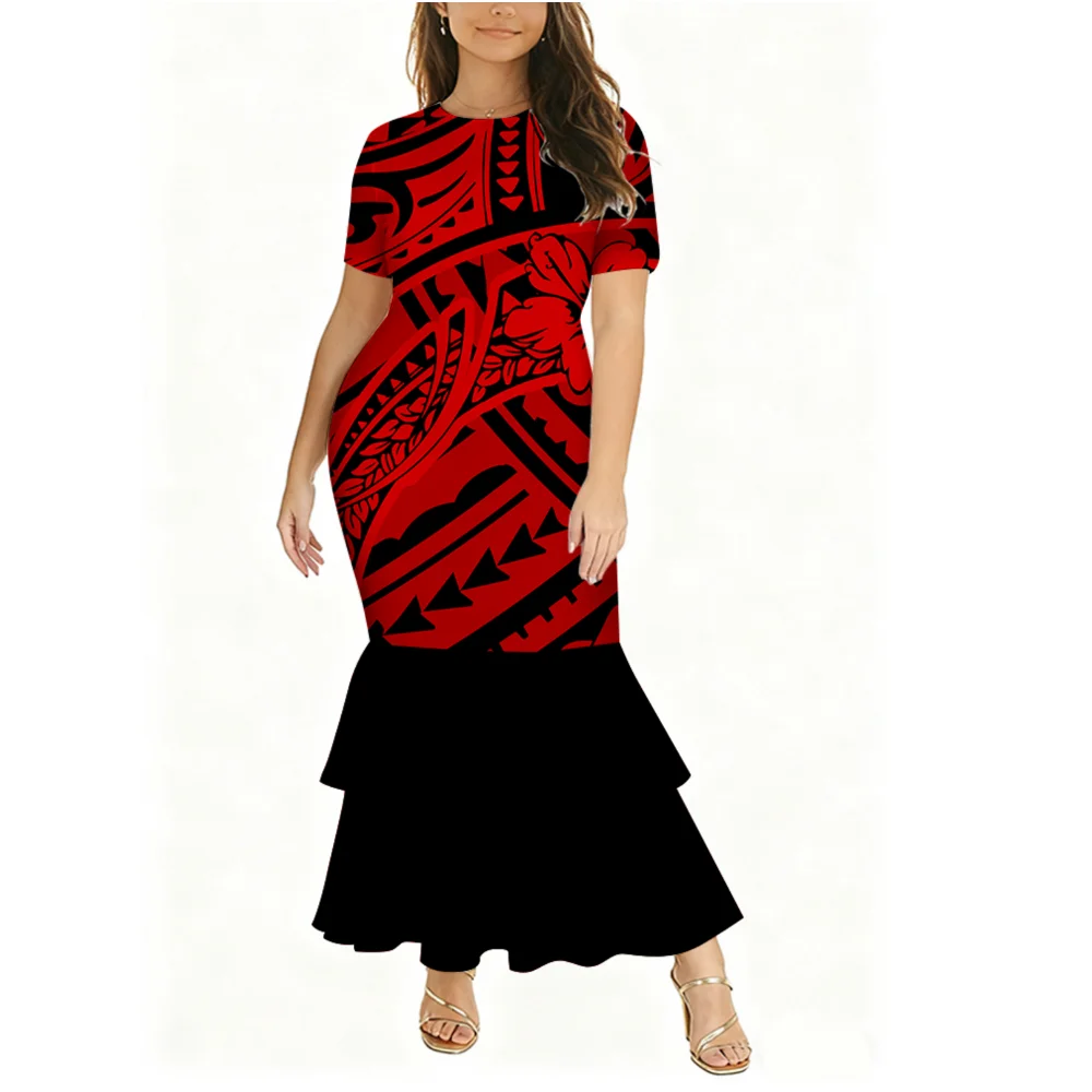 Pacific art island retro padrão feminino novo estilo em torno do pescoço de manga curta vestido de dupla camada banquete emagrecimento vestido de noite