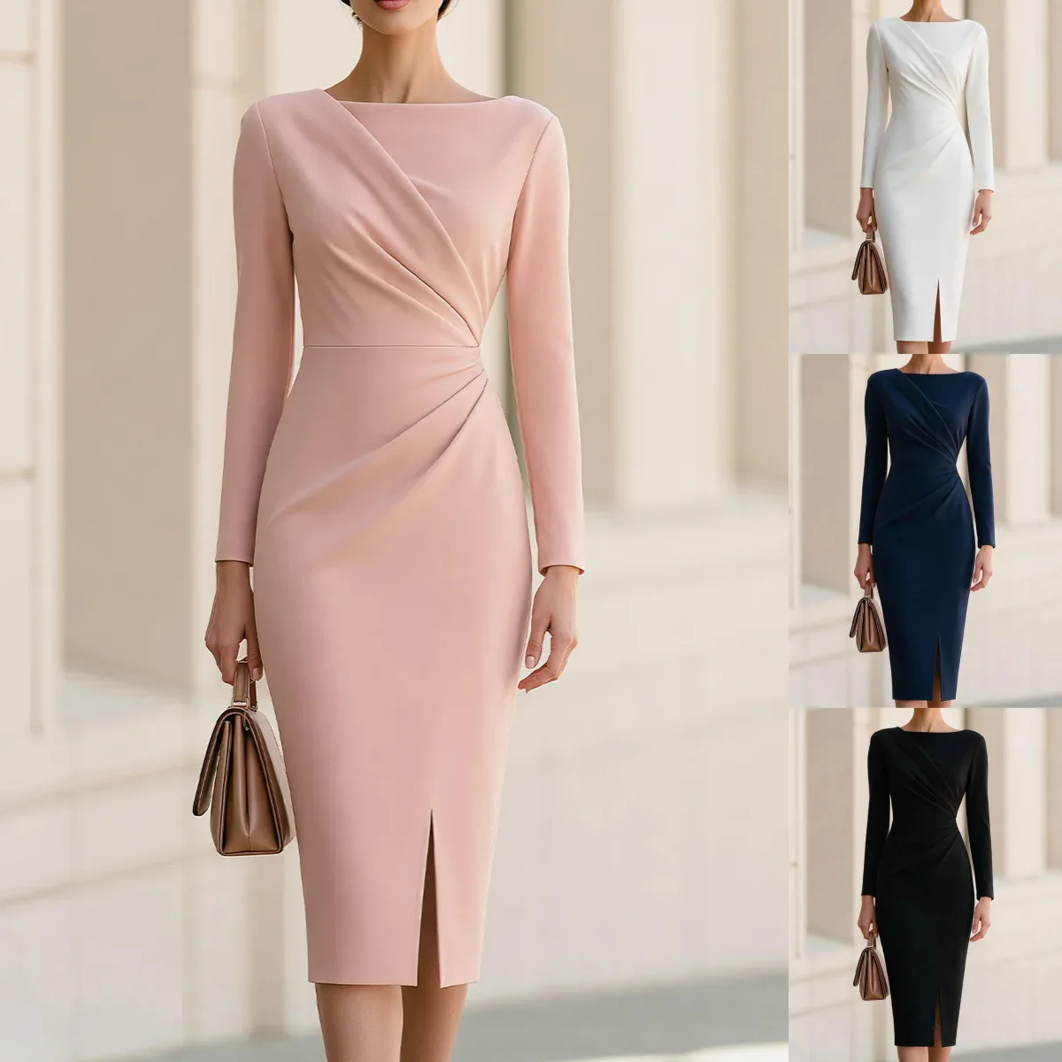 Elegantes Damen-Midikleid mit U-Boot-Ausschnitt, langen Ärmeln, gerafftem Design, schmalem Schnitt und Schlitz am Saum, geeignet für formelle Anlässe, Büro und Party.