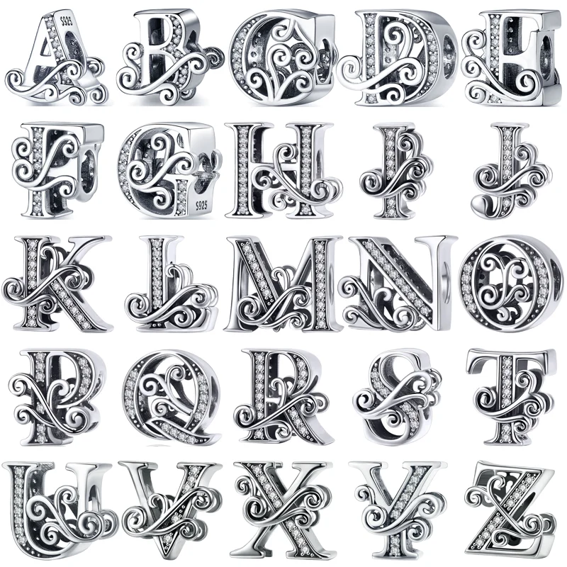 

925 Sterling Silver A-Z 26 Alphabet Letter DIY Name Originality Lucky Beads Fit Original Pandora Charms Bracelet Women Jewelry