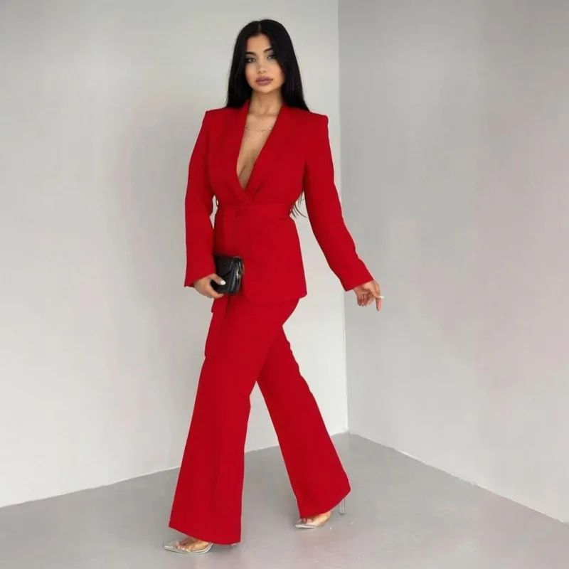 Roupas femininas europeias e americanas 2025 outono nova moda transfronteiriça jaqueta de renda calças soltas conjunto profissional