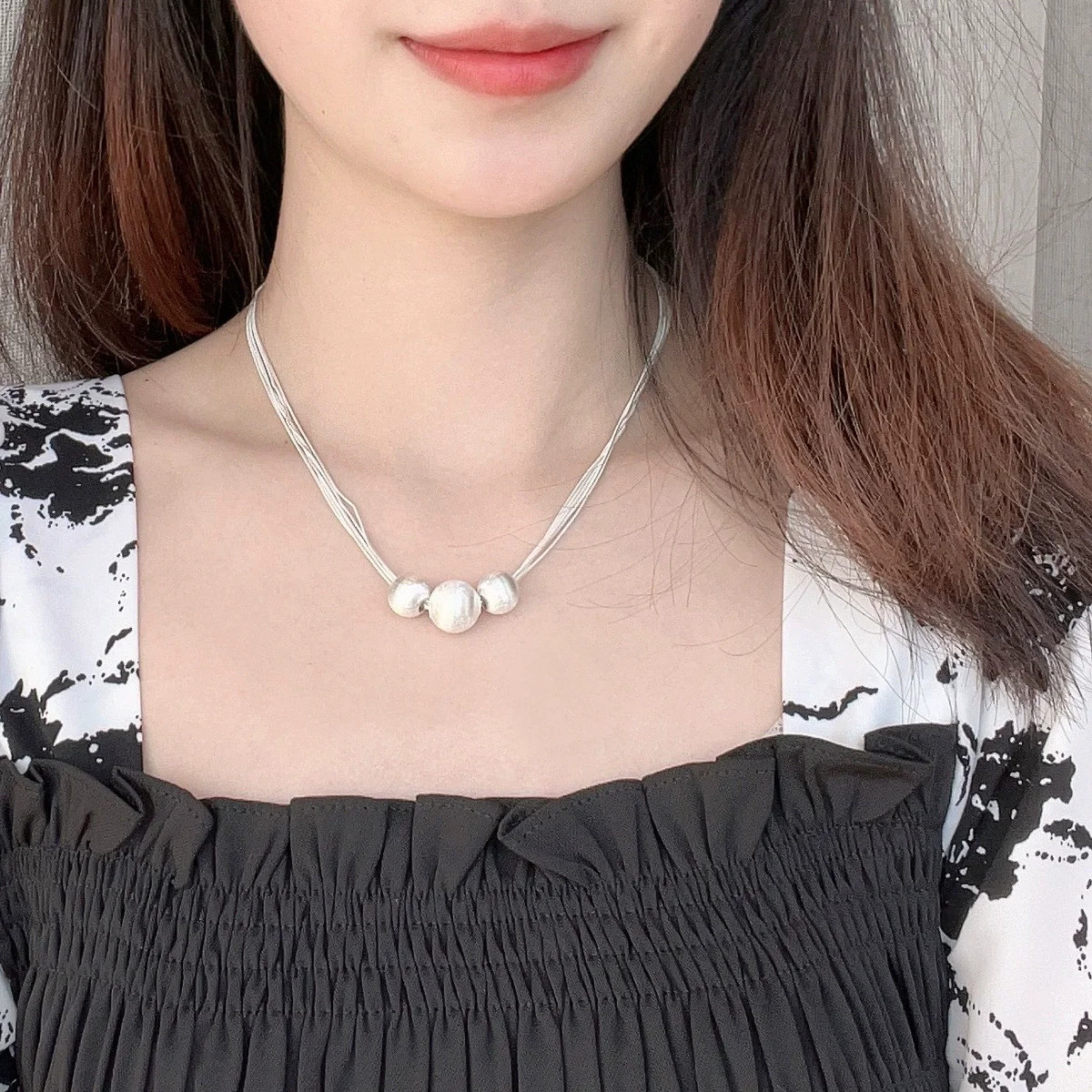 New 925 Sterling Silver Sweet Multi-layer Brushed Transfer Bead Necklace for Women Collarbone Chain Wedding Party Jewelry Gift