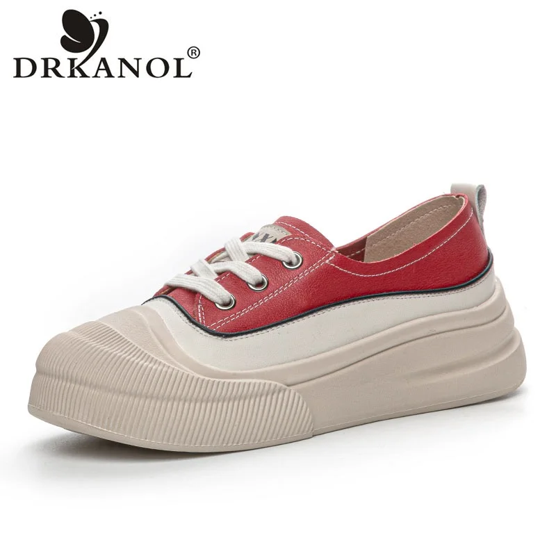 

DRKANOL Women Flat Platform Casual Sneakers Fashion Mixed Colors Lightweight Genuine Cow Leather Lace-Up Soft Soled Ladies Shoes