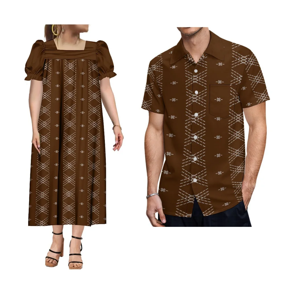 

Polynesian Mumu Custom Summer Women'S New Dress Puffed Sleeve Design Retro Print 2024 New Couple Set