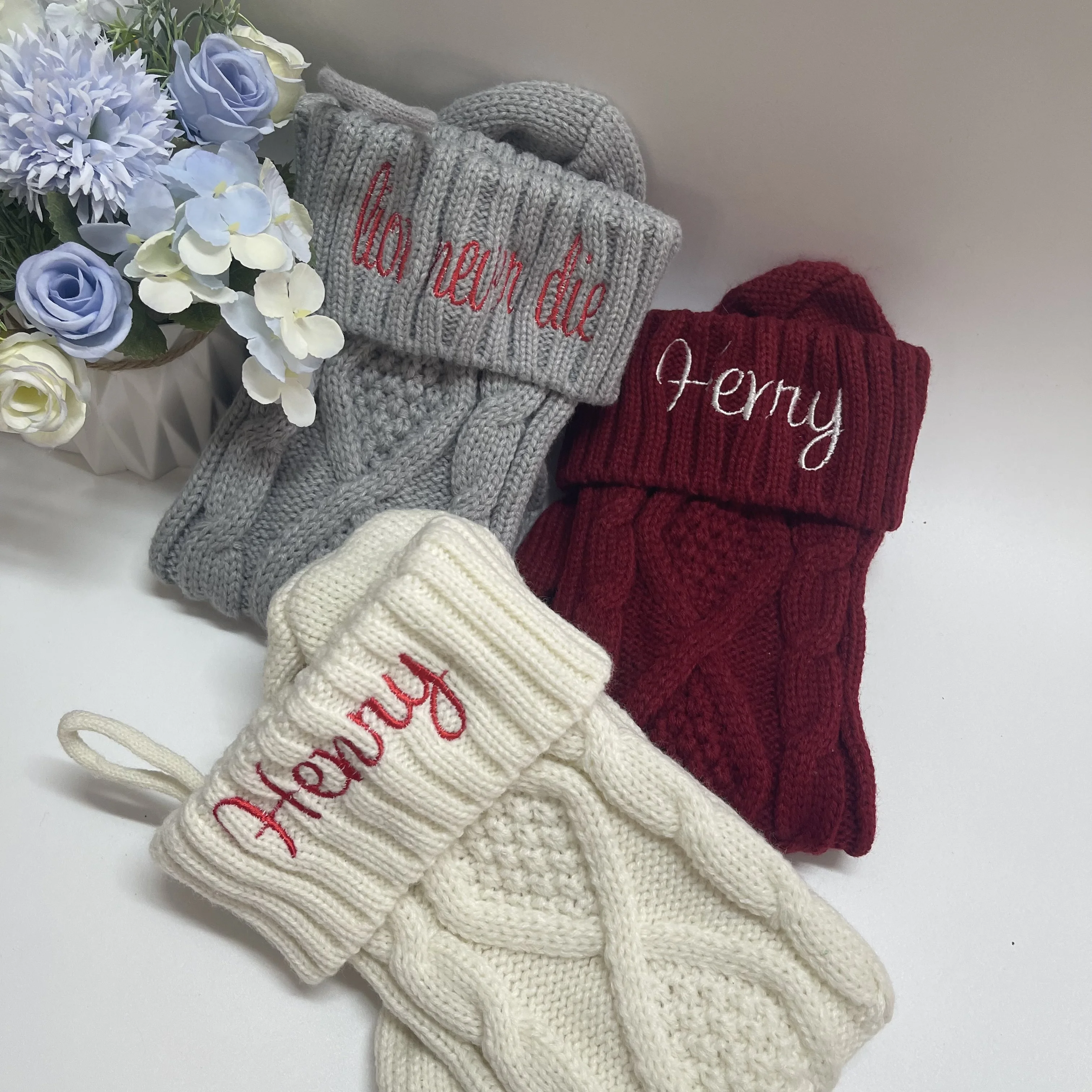 Custom Knitted Wool Household Wall Decoration Socks Kids Candy Bags Personalized Embroidered Name Christmas Stocking Gift Socks