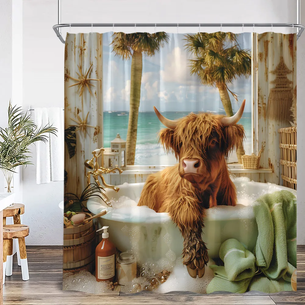 Funny Bathing Animals Shower Curtains Goat Highland Cow Elephant Dog Pig Bathroom Decorations Bath Animal Bathtub Curtain