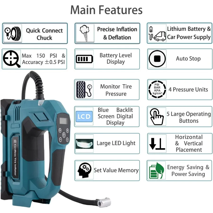 Portable Air Compressor for Car Motorcycle Bike and Ball Inflator with 150 PSI High Pressure Extension Hose Exhaust Valve Quick