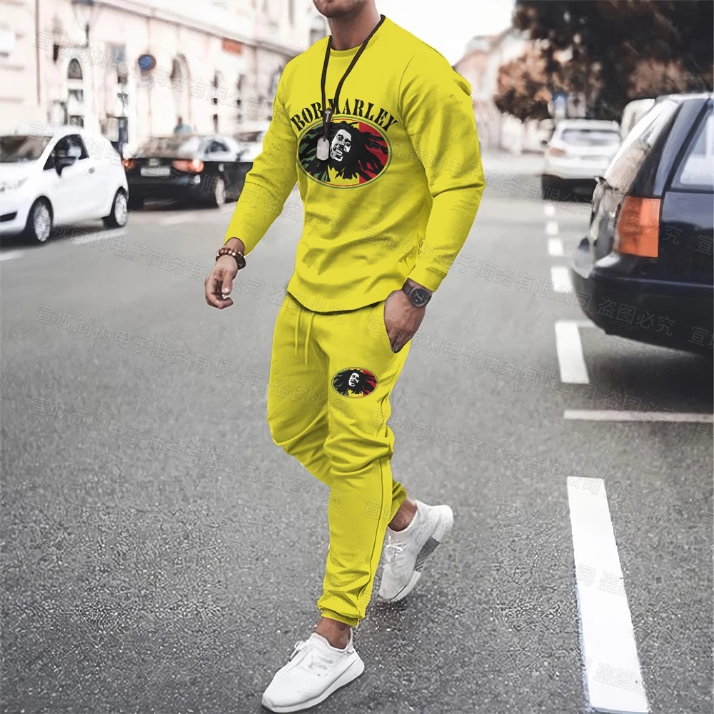 Reggae Sweatshirt Set Long Sleeve T-Shirt Casual Pants Sportswear Hip Hop Punk Street Men Oversized Jersey 2 Piece Set