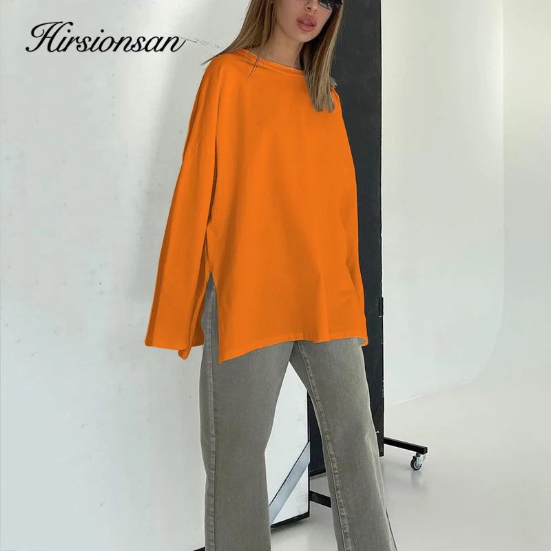 Hirsionsan Basic Cotton Long Sleeves T Shirt Women 2023 New Oversized Solid Split Woman Clothing Casual Bottom Shirts Female Top