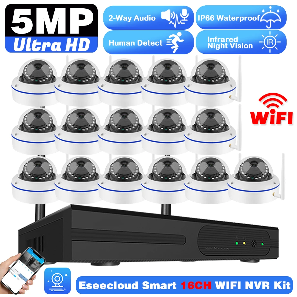 

16-канальный IP-видеорегистратор Wi-Fi NVR Kit, система видеонаблюдения CCTV, 5 МП, уличная водонепроницаемая беспроводная купольная камера с аудио, система видеонаблюдения на 16 каналов