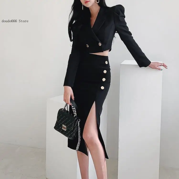 Spring Ol Commuter Professional Temperament Short Small Suit Medium Long Bag Hip Skirt Two Piece Set for Women