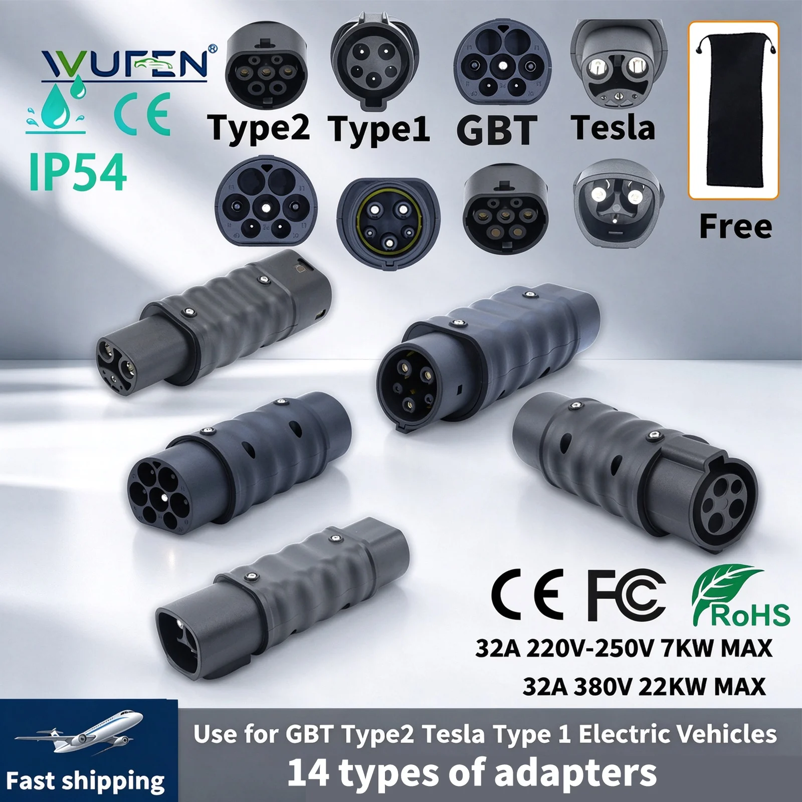 WUFEN Electric Vehicle Charging Connector Type 2 to Type 1 J1772 EV Adapter Type 2 to GBT EVSE Charger Type1 to GBT EV Adaptor