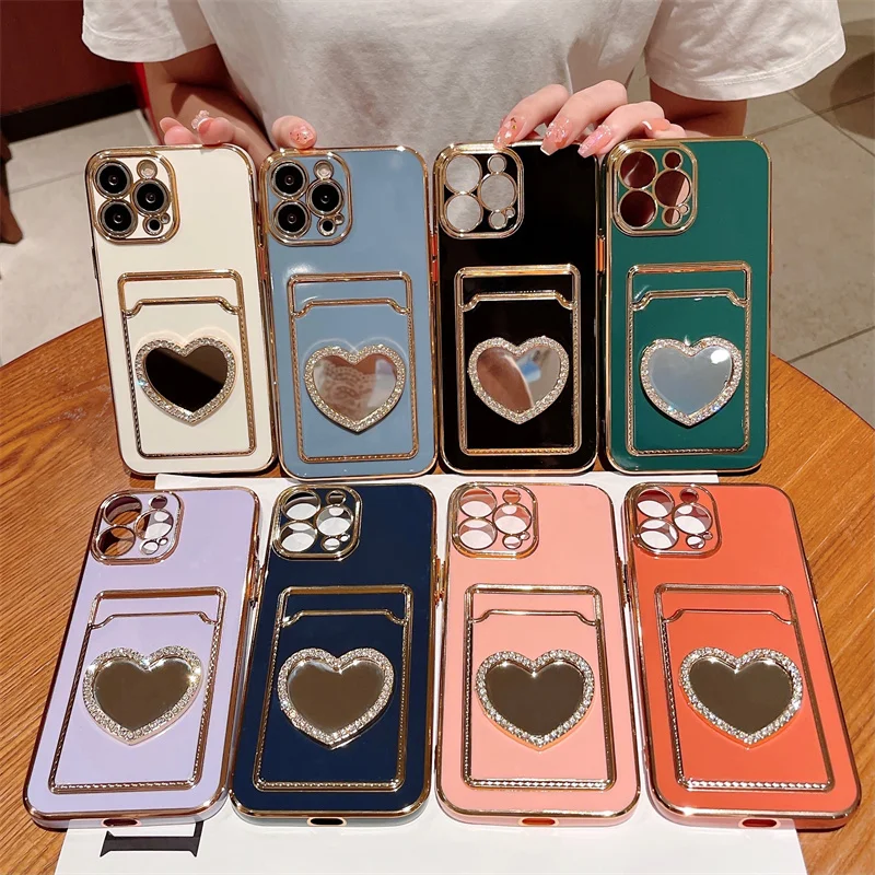 

Fashion Glitter Diamond Makeup Mirror Plating Card Slot Wallet Phone Case For iPhone 15 11 12 13 14 Pro Max X XR XS Max 7 8 Plus