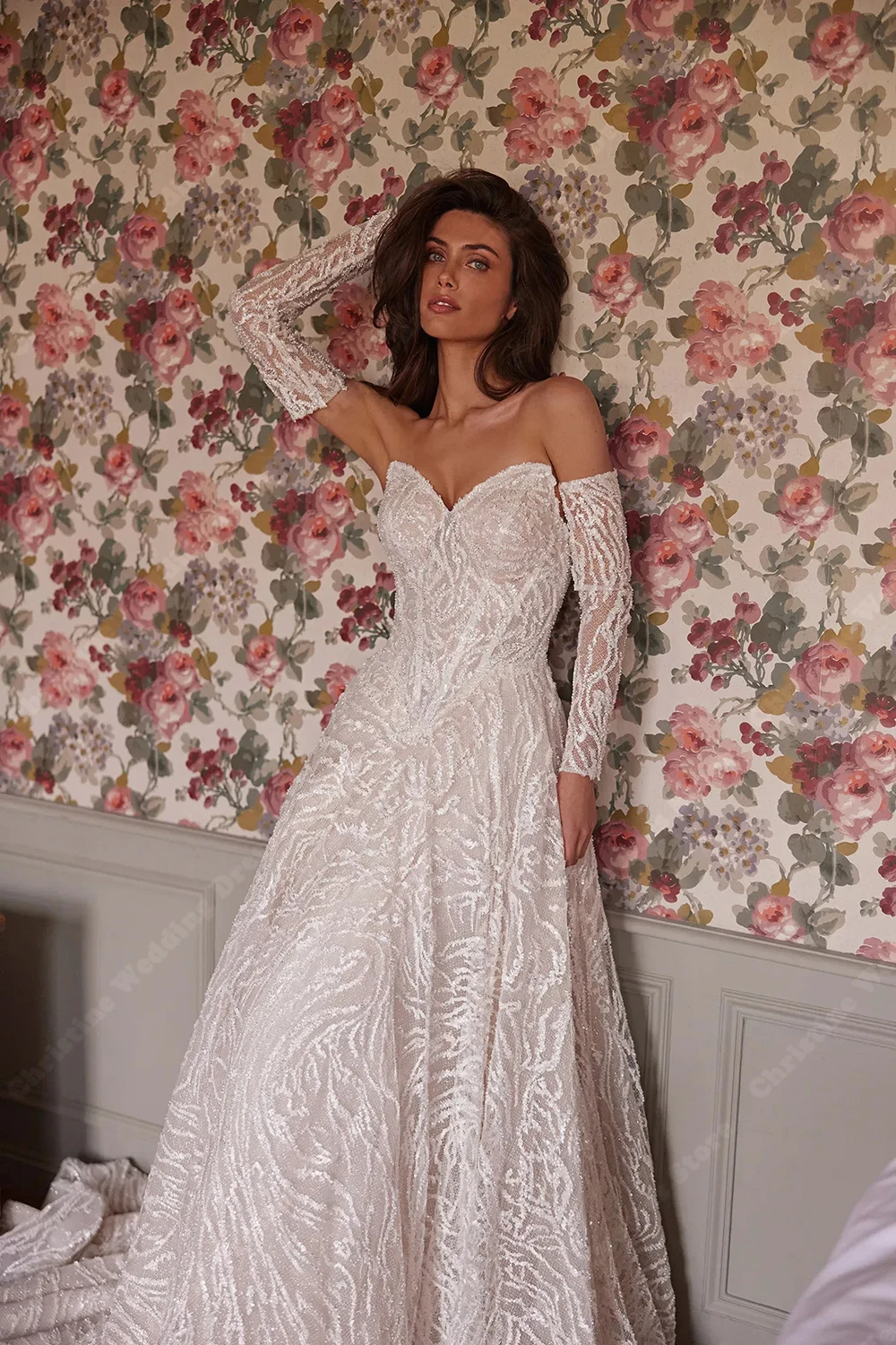 Querida colar vestidos de casamento elegante renda impressão mangas compridas vestido de noiva princesa banquete vestidos de novias 2026 personalizado