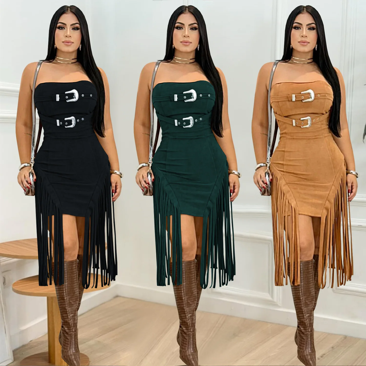 Suede Tassel Women Midi Dress Off Shoulder Sheer Evening Dress 2025 Summer New Streetwear Sexy Backless Night Club Party Vestido