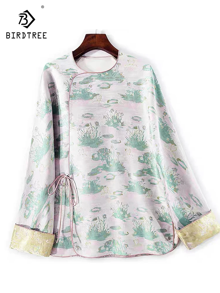 

BirdTree-Song Brocade Silk Elegant Coat, O Neck Long Sleeve Lace-up, Women Retro Commute Loose Cardigan Coat, 2025 Fall C5O763CC