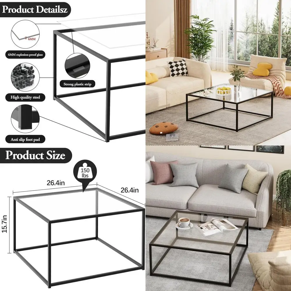 

Современный журнальный столик из прозрачного стекла, квадратный дизайн для небольших гостиных, простой чайный/коктейльный столик, простая сборка, 26 x 26