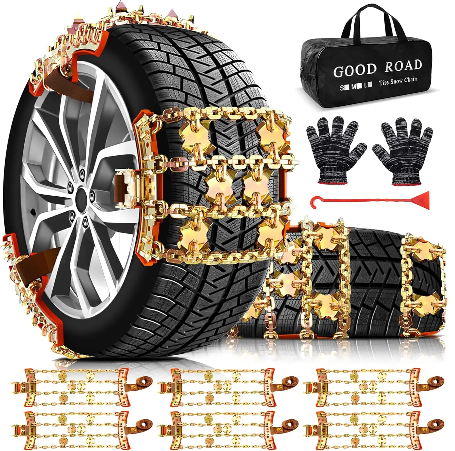 

Snow Tire Chains for Trucks Cars SUVs RVs, Anti-Slip Emergency Set of 6, Fit Tire Width 225-285mm