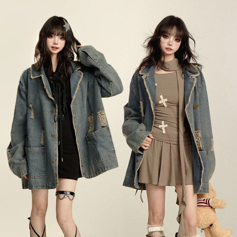 Retro Tattered Jeans Suit Denim Coat Women's New Early Autumn Washed Worn Frayed Casual Top Long Sleeves Single-breasted Jacket