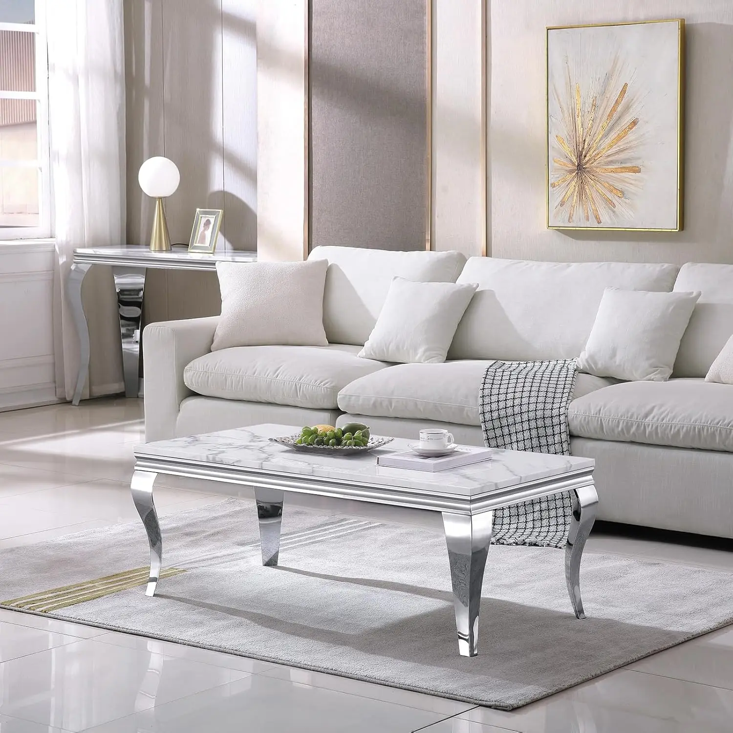 Goujxcy Luxury Marble Coffee Table With Silver Stainless Steel Legs Modern 47