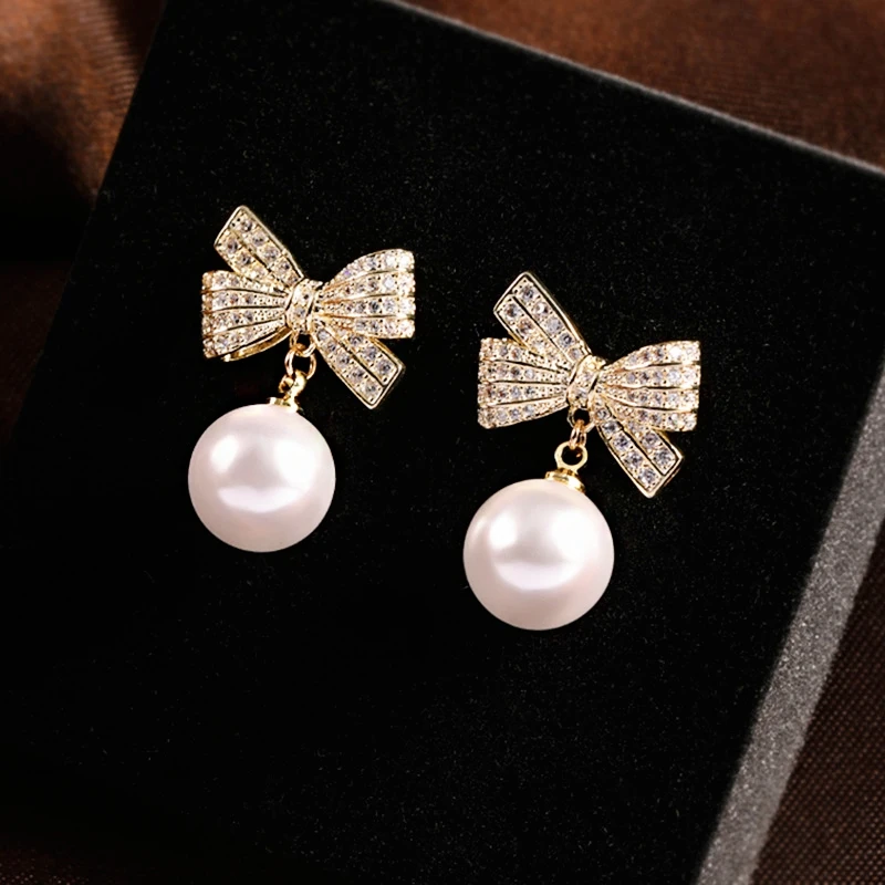 Red White Pearl Pendants Women's Dangle Earrings Crystal Bowknot Top Round Ball Drop Earrings Elegant Party Ear Jewelry Brincos