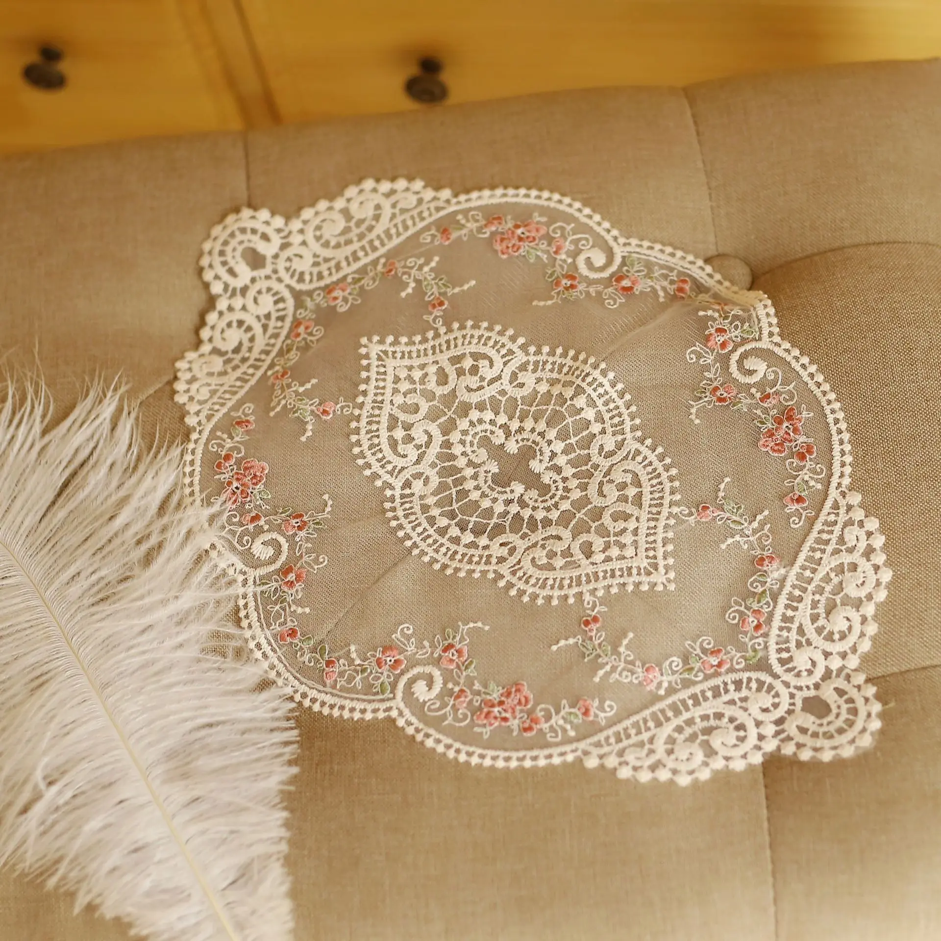2pack Vintage Oval Lace Table Placemats, Exquisite Flower Cotton Embroidered Doilies Vase Mat, 12 X 18 Inch (Off-White)