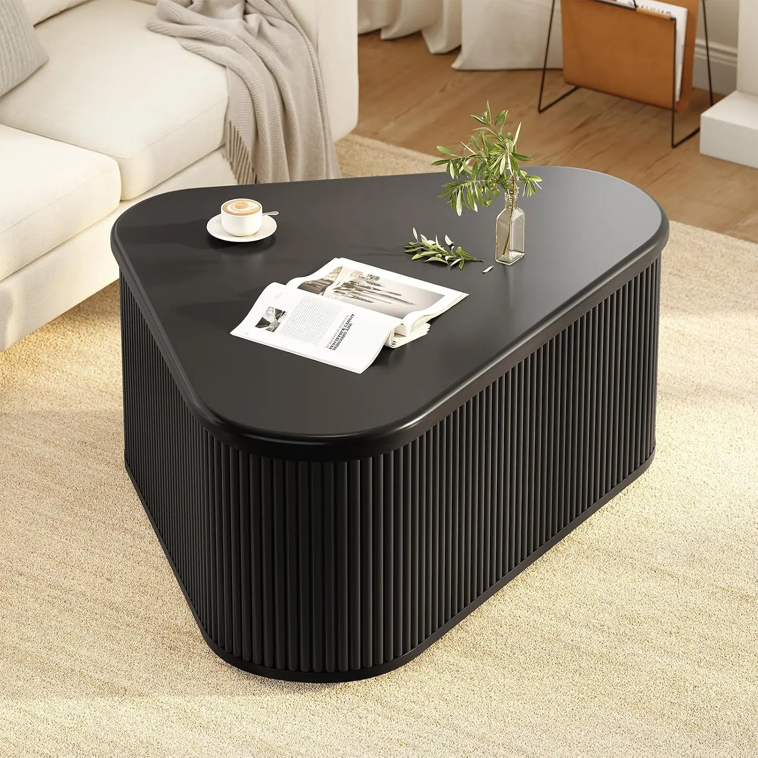 Fluted Coffee Table with Storage,35.8" D x 25.6" W x 18.1" H, Mid Century Modern Center Table, Coffee Table for Living Room Apar