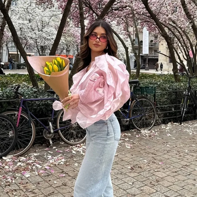 2026fashion High Street Primavera e Autunno Nuove donne Abbigliamento Allentato Casual Temperamento Camicia di colore solido Top Design Increspato Top