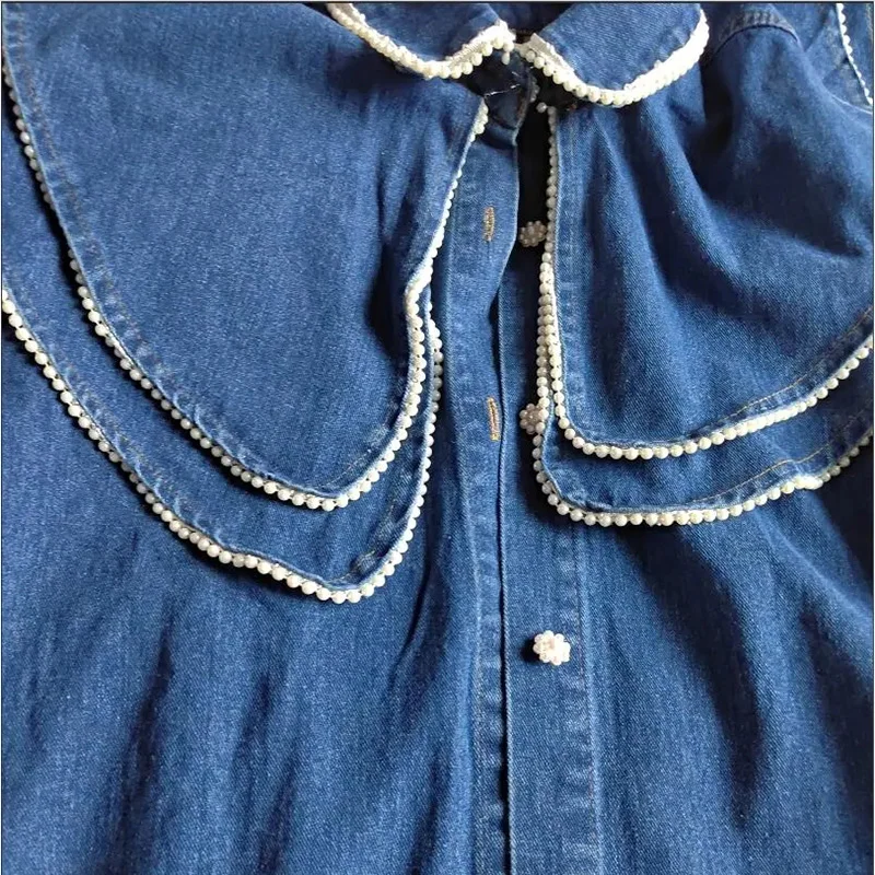 French Style Doll Collar Denim Blouses Women Vintage Loose Pearl Design Jean Shirts Spring Tops Long Sleeve Cute Blusas Mujer