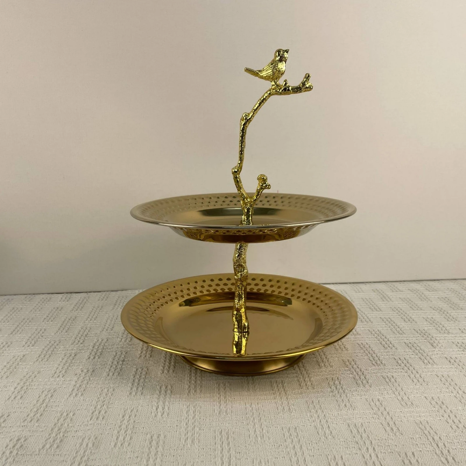 2-Tier Serving Tray Double-Layer Tiered Serving Tray Tiered Fruit Bowl Metal Fruit Basket with Stand Reflective for Hosts