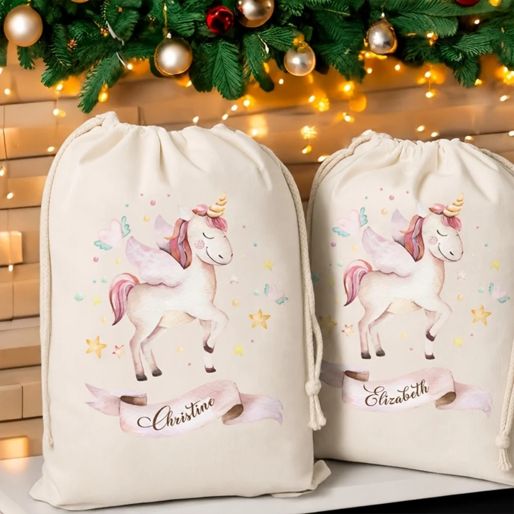 1Pc Custom Name/Text Cute Unicorn Design Imitation Hemp Drawstring Bag, Christmas Gift Storage Pouch, Party Candy Bags
