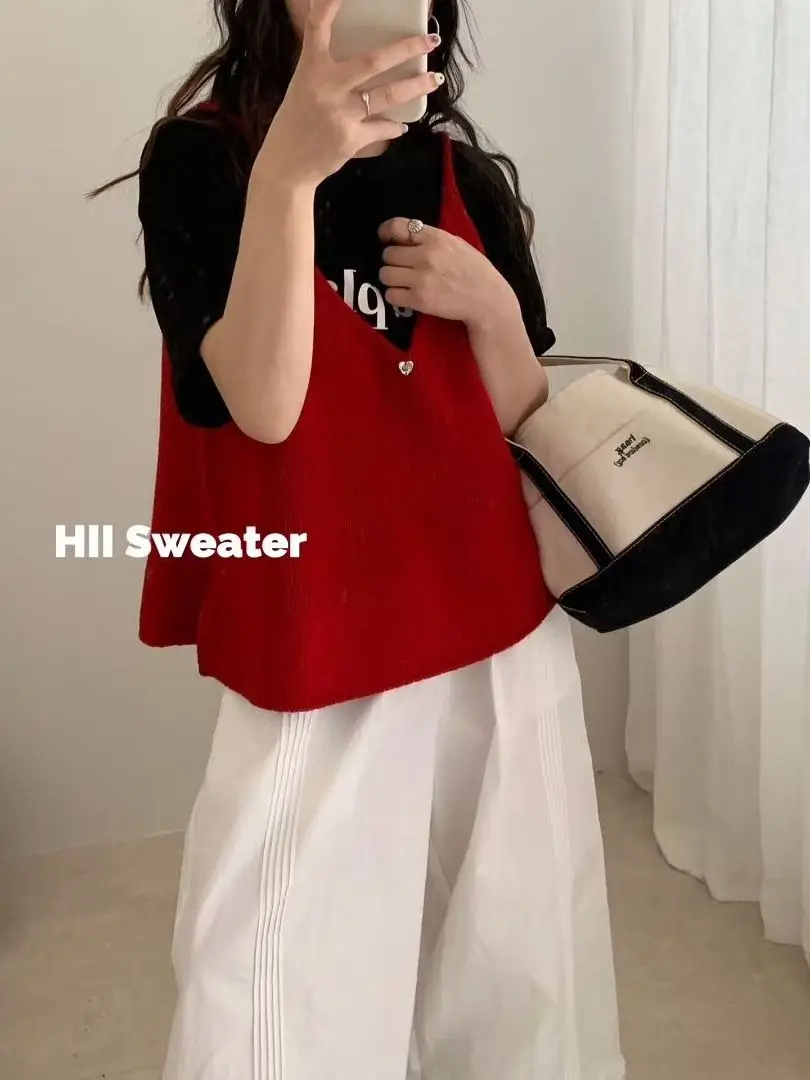 Coreano Faion V-Ne Colete de alça de malha com botão único frontal Ba em dois sentidos regata de lã solta para mulheres