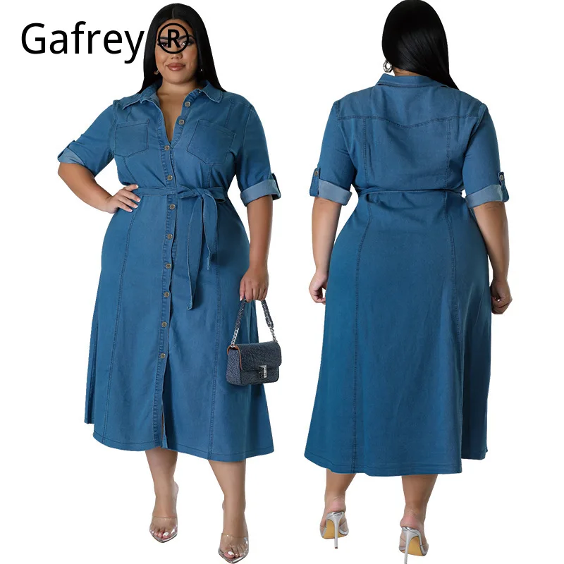 

Женское джинсовое платье миди размера XXXXL с отложным воротником, длинными рукавами, завязками на талии, повседневное, приталенное, винтажное, модное, джинсовое платье-комбинация