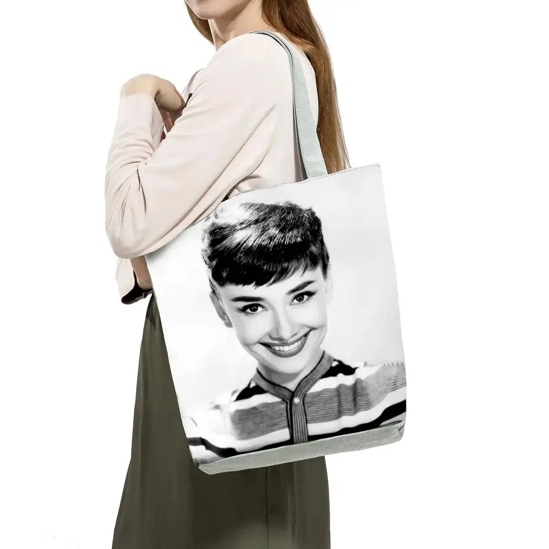 Audrey Hepburn Blowing Bubbles Printed Handbag Classic High Capacity Women Shoulder Bags Portable Eco Reusable Shopping Bags