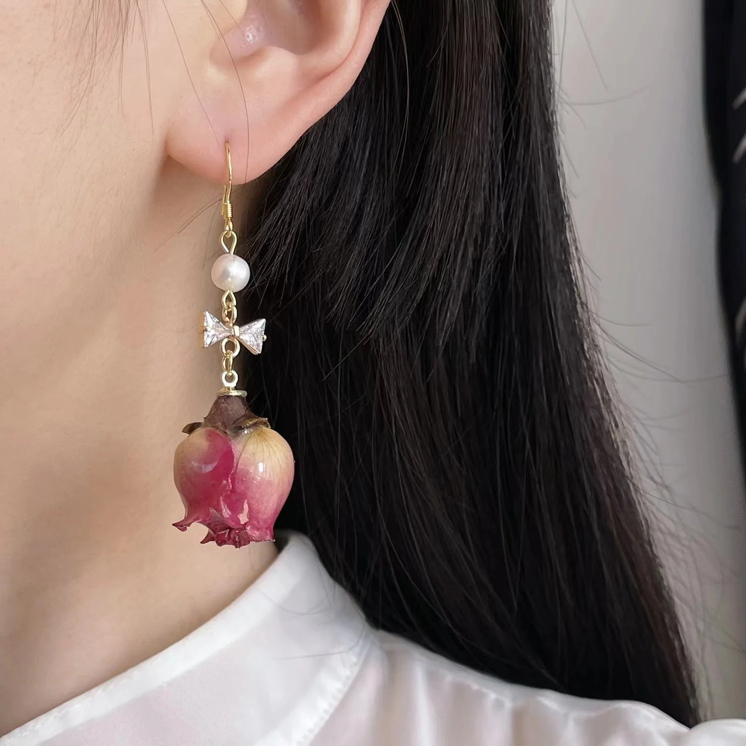 Eternal Rose Dried Flower Earrings (Women's Style) Handcrafted Vintage Court Jewelry, Unique and Niche Natural Gift Choice