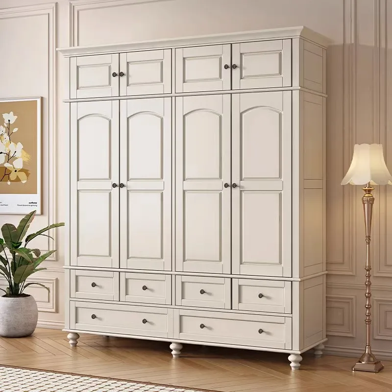 

American white cream style all solid wood wardrobe three doors four doors household bedroom log European small apartment wardrob