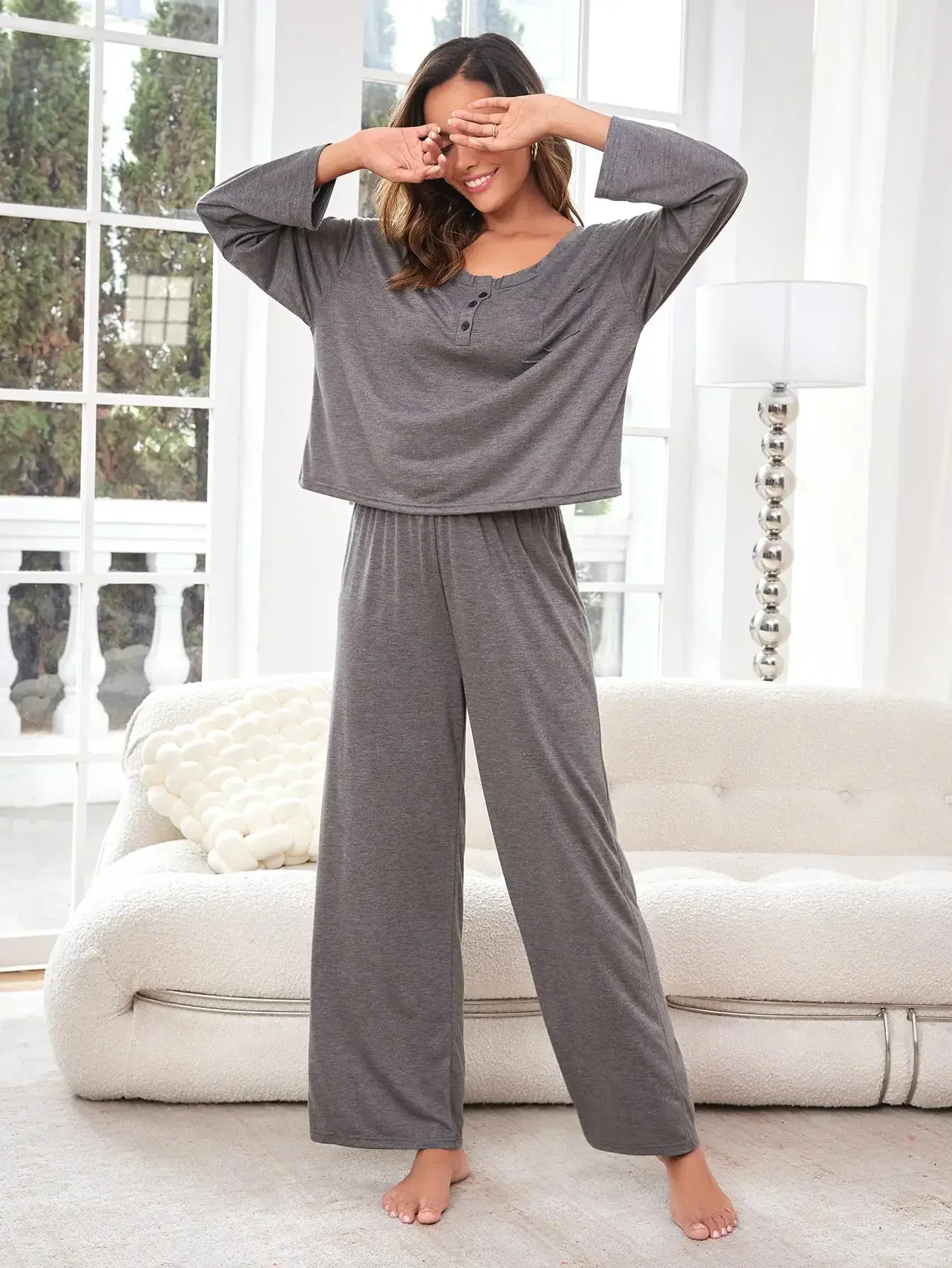 Solid Button Women Pajama Sets Long Sleeves Top & Full-Length Pants Female Sleepwear 2 Pieces Atumn Spring Fall Nightwear