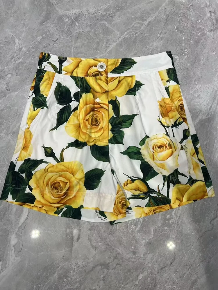 ILYBOOJUN Fashion Designer Spring Cotton Sicily Shorts Women Pockets Yellow Rose Floral Print High Street Shorts