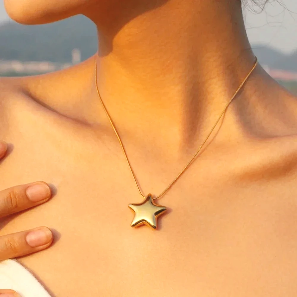 Mariasz Minimalist Puffy Star Pedant Stainless Steel Necklace for Women Gold Color Chunky Charm Collarbone Chain Jewelry Set