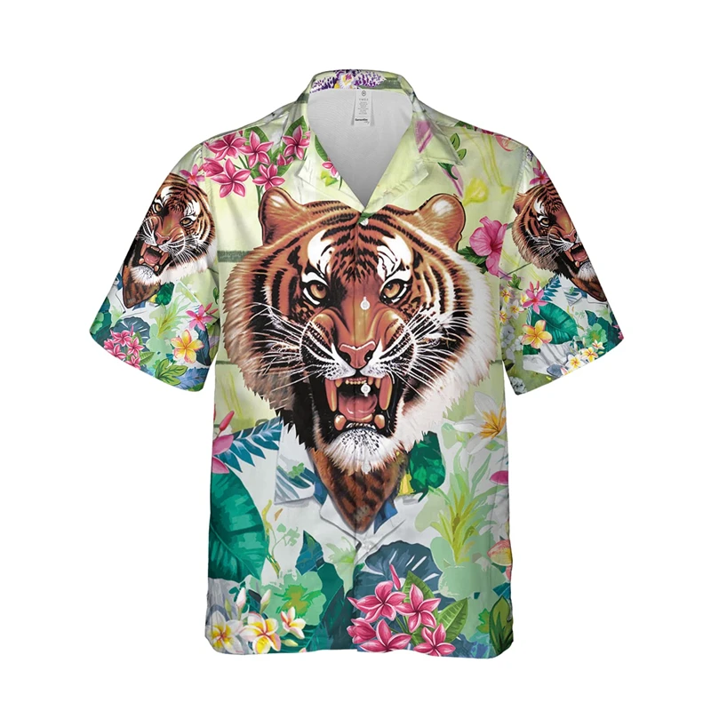 Fashion Hawaiian Tiger 3D Print Shirts For Men Clothes Casual Hawaii Animal Short Sleeve Funny Boy Button Streetwear Kid Blouses