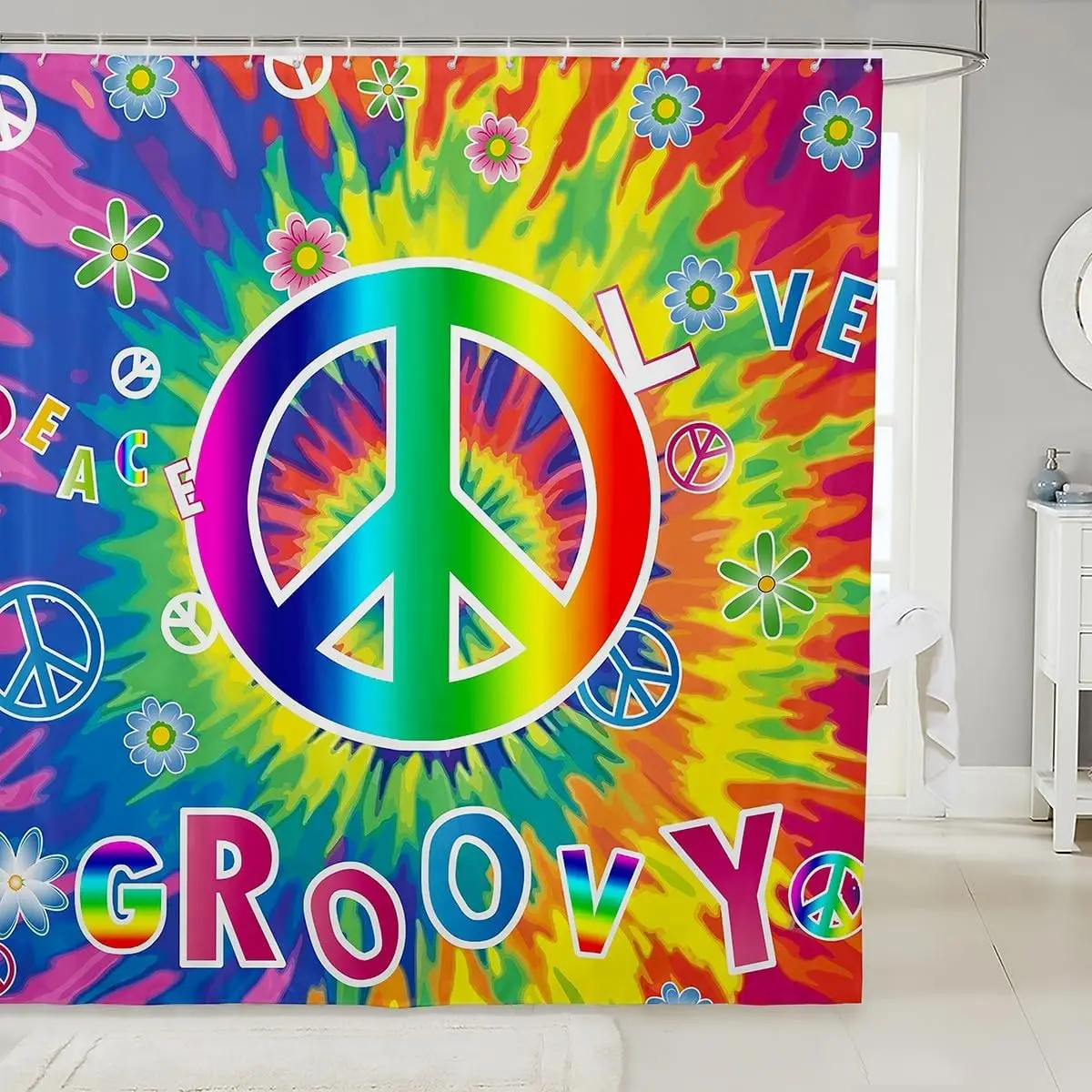 Retro Hippie Groovy Flower Shower Curtain, 60s 70s Rainbow Tie Dye Peace Sign Boho Disco Waterproof Bathroom Curtain With Hooks