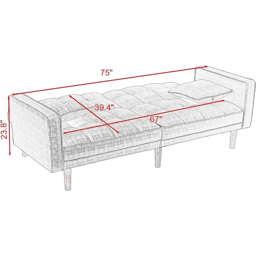 Nowoczesna rozkładana dwuosobowa Sofa kanapa z funkcją spania łóżko z szezlongiem podwójne łóżko z podłokietnikami i 2 poduszkami w salonie,