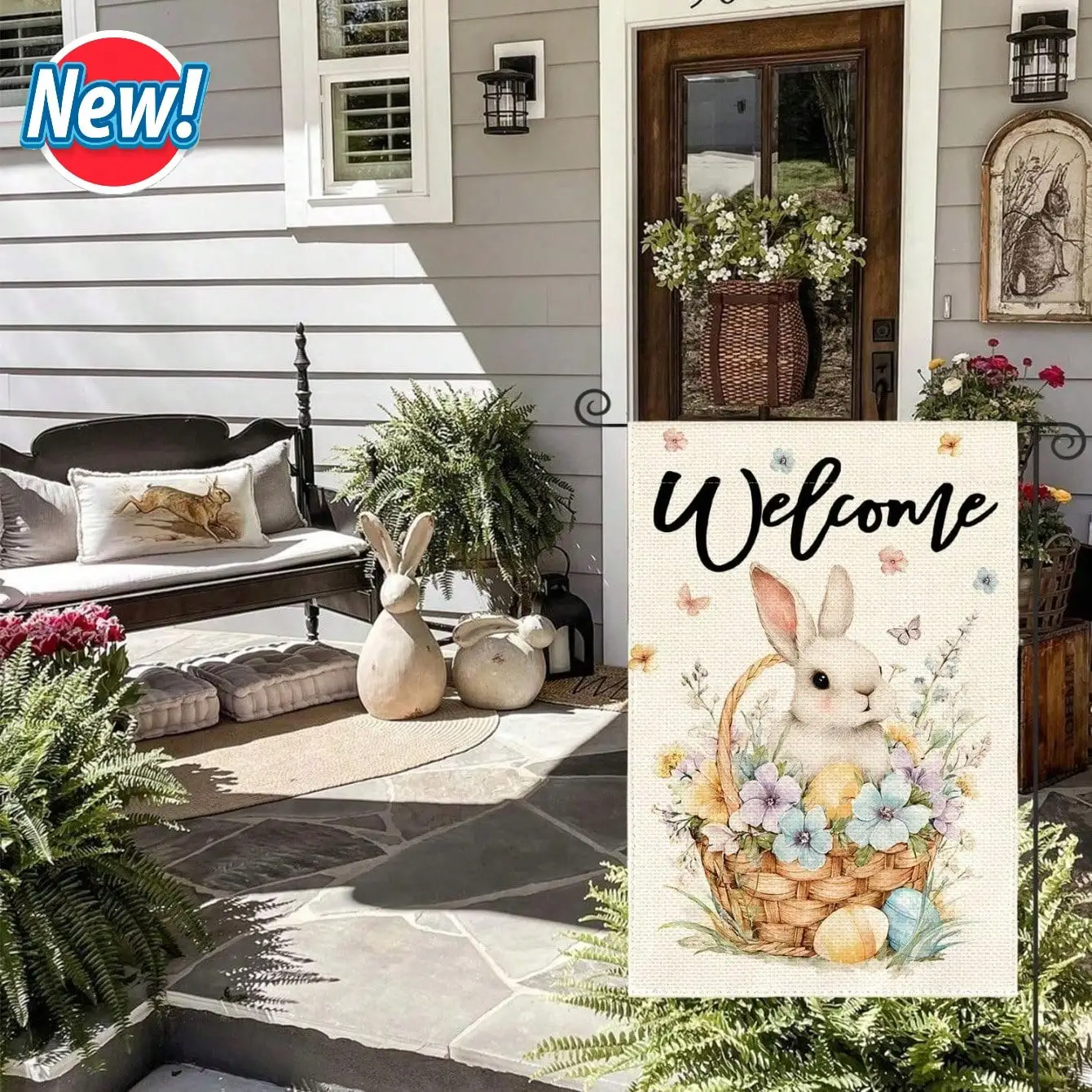 

Пасхальный весенний садовый флаг двусторонний вертикальный - Кролик с красочными цветами, цветочный дизайн, для улицы, для двора, для приветствия гостей