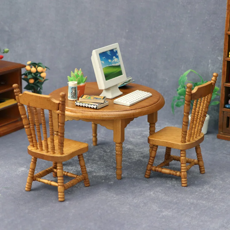 1:12 Miniatur Rumah Boneka Kerajinan Kayu - Set Meja dan Kursi Kayu Solid Warna Chestnut untuk Ruang Makan