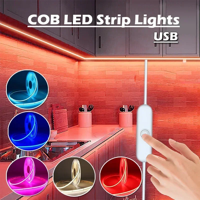 

USB COB LED Strip, DC5V Flexible LED Tape, 400 LEDs/m Flexible LED Strips, Dotless Strip Ribbon for Wardrobe, Kitchen Decor